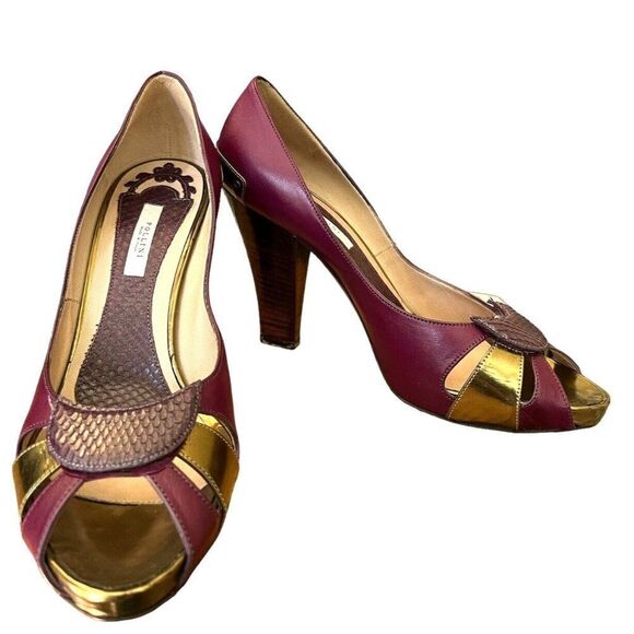 Pollini Women's 9.5 Euro 40 Purple Open Toe Pumps Snakeskin Gold Metallic Heels - Picture 1 of 10